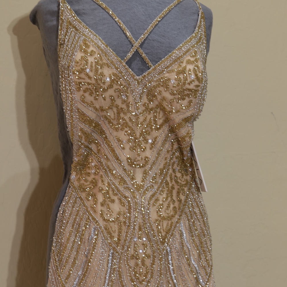 SCALA short cross back beaded fringe dress in champagne size 00